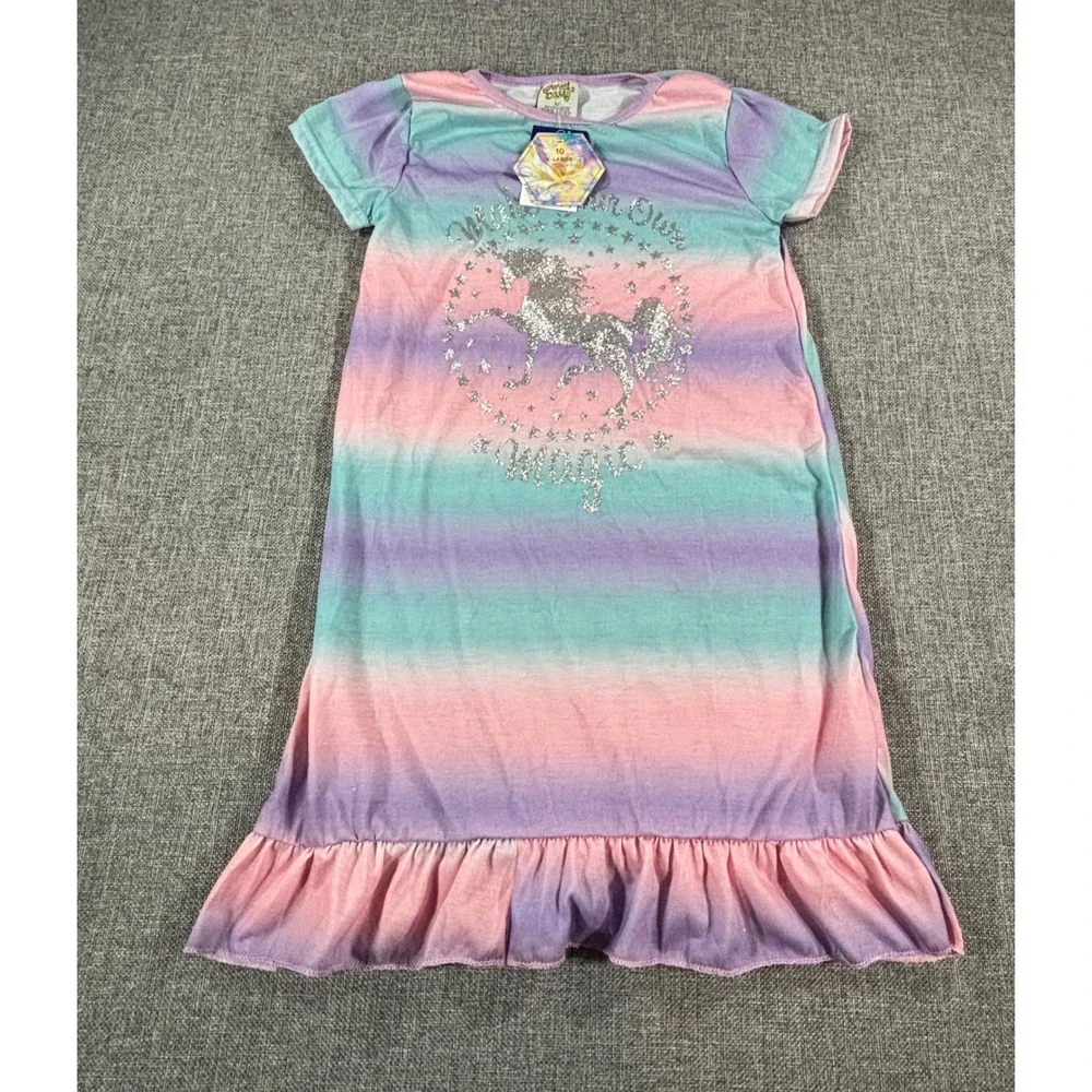 Sweet n Sassy Girls Unicorn Nightgown 10 XL Rainbow Pastel Glitter Ombre Ruffle